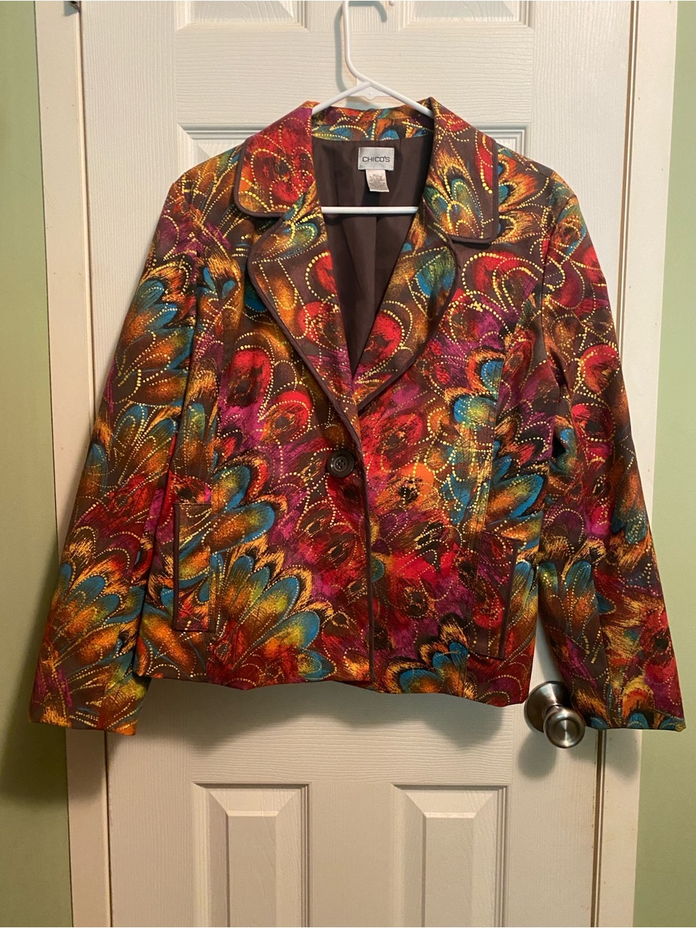 Chico's Multicolor Peacock-Print Blazer in Red, Blue & Gold